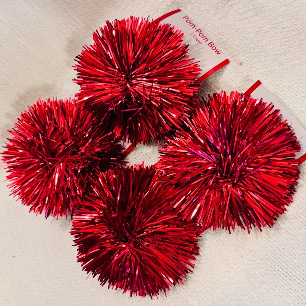 4 Red Metallic Pom Pom Bows for Party Gift Wrap